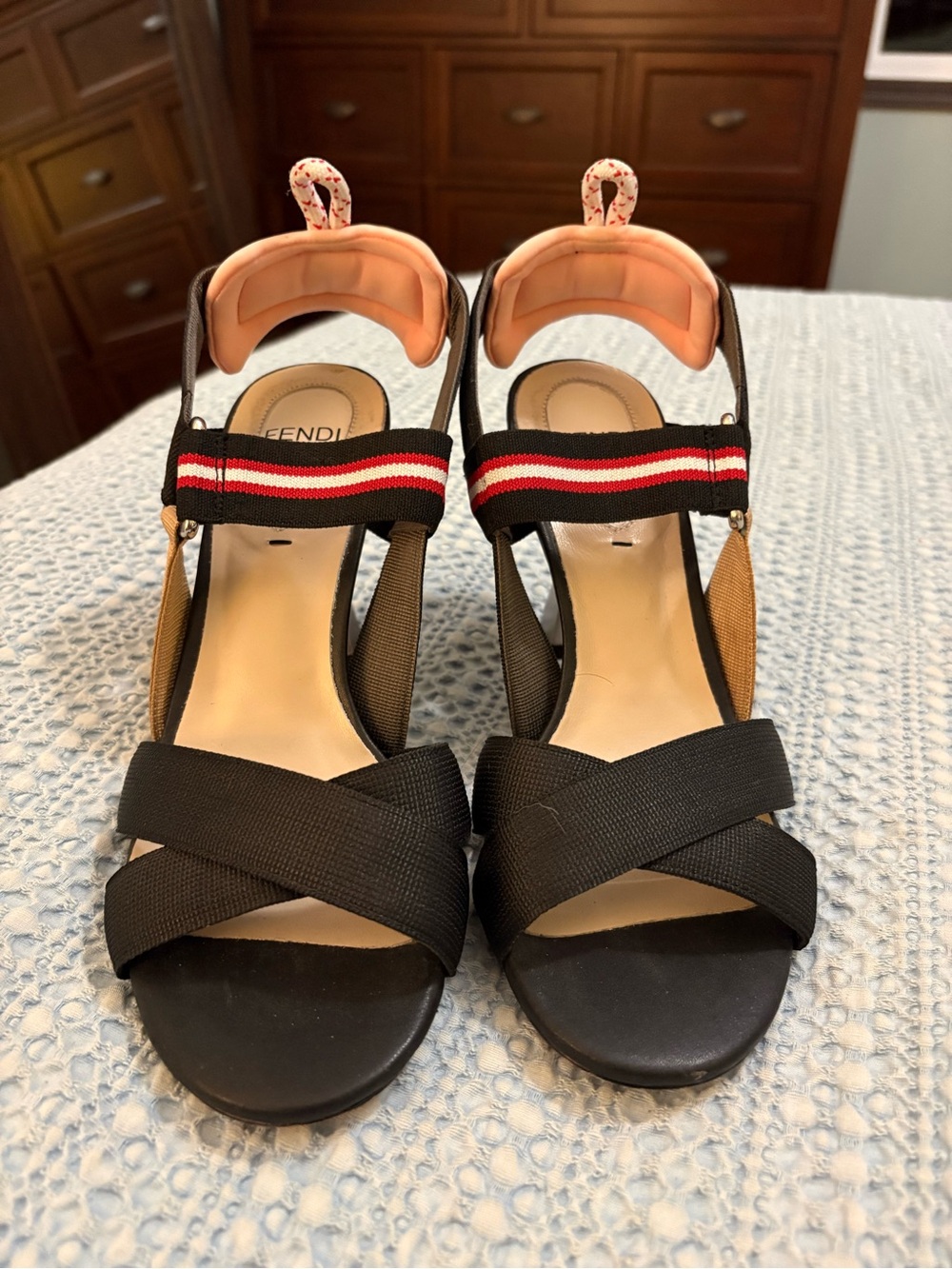 Fendi Black Stretch Ribbon Multi-Band Striped Slingback Sandals Size 7.5